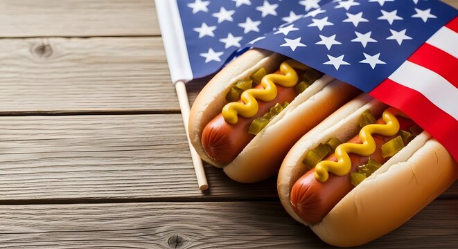 Two delicious hot dogs adorned with mustard and pickles under american flags - Powered by Adobe