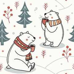 Adorable polar bears with scarves, drinking hot cocoa, seamless vector pattern.
