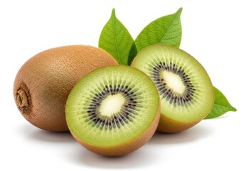 Fototapeta premium Two whole and sliced kiwifruits with green leaves on white halved