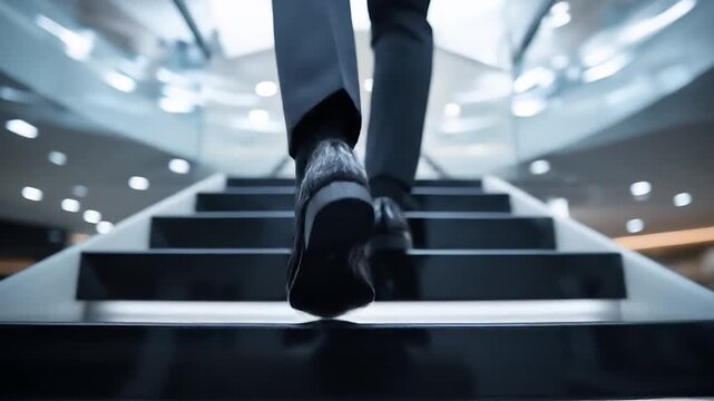 Ascending Steps: Business Professional Climbing Modern Staircase in Style