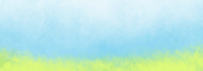 Abstract summer landscape vector watercolor background with blue sky, white clouds and green field. Watercolor illustration for interior, flyers, poster, cover, banner. Modern hand draw painting.