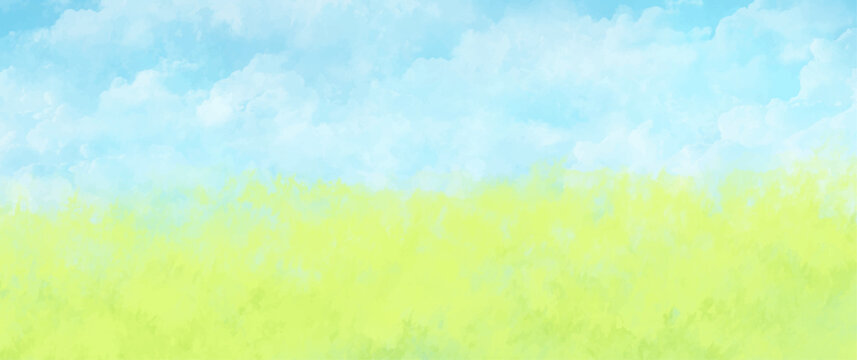 Abstract summer landscape vector watercolor background with blue sky, white clouds and green field. Watercolor illustration for interior, flyers, poster, cover, banner. Modern hand draw painting.