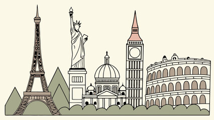 Naklejka premium Famous world landmarks skyline. International travel and global tourism destinations. Iconic architecture and city monuments.