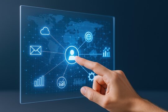 Interactive Digital Interface: Person Touching Holographic Screen Displaying Network Connections and Data Visualization