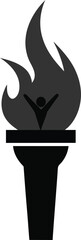 Stylized silhouette of a torch with flames and a figure in the center isolated on white background