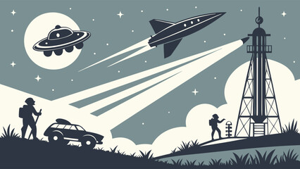 Retro science fiction adventure with UFO, rocket, lighthouse, explorers, and car under starry night sky.