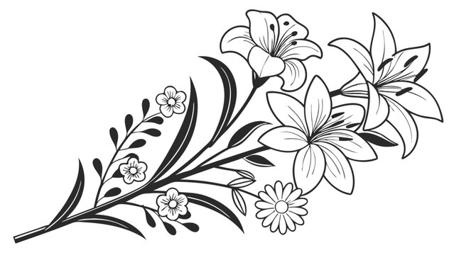 Black and white floral bouquet illustration. Elegant line art drawing of lilies and flowers. Isolated decorative design element.