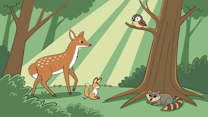Cute wildlife forest animals in a peaceful woodland scene with deer, fox, owl, and raccoon in nature