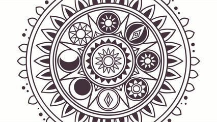 Celestial mandala pattern with sun moon and stars. Spiritual geometric design for meditation and astrology. Black and white art.