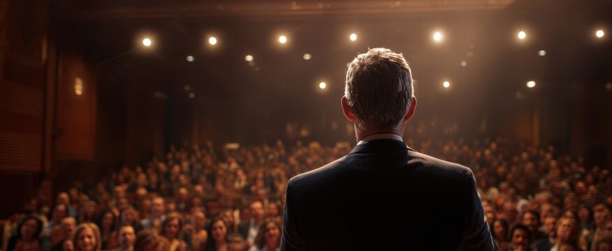 The speaker captivates a large audience during an engaging public presentation.