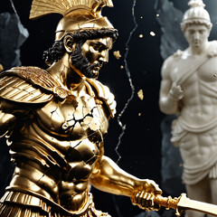 Epic Black and Gold Armored Greek God Warrior Statue with Ornate Helmet and Decorative Battle Armor for Luxury Art Displays, Mythological Branding, and High-End Fantasy Collectibles, Stoic