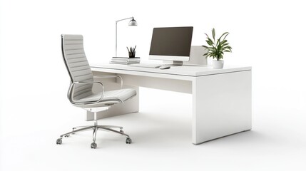 Modern white office desk with chair and computer, isolated