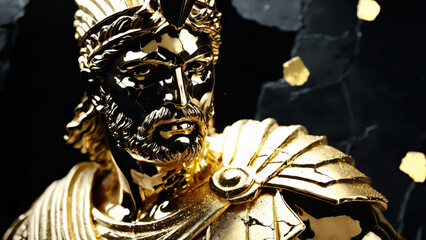 Epic Black and Gold Armored Greek God Warrior Statue with Ornate Helmet and Decorative Battle Armor for Luxury Art Displays, Mythological Branding, and High-End Fantasy Collectibles, Stoic