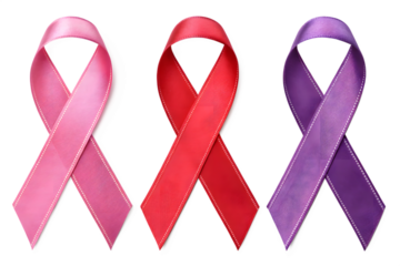 Three awareness ribbons in pink, red, and purple, symbolizing support for various causes and isolated on transparent background