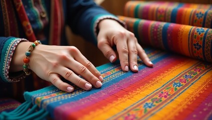 Artisan Hand Weaving Vibrant Multicolored Fabric – Traditional Textile Craftwork Close-Up