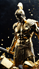 Epic Black and Gold Armored Greek God Warrior Statue with Ornate Helmet and Decorative Battle Armor for Luxury Art Displays, Mythological Branding, and High-End Fantasy Collectibles, Stoic