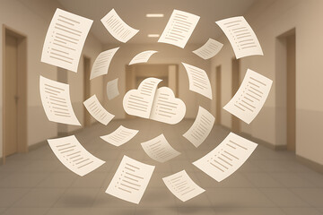 Flying digital documents around 3D cloud icon in modern office hallway, concept of online data storage, cloud computing file transfer, virtual paperwork management, secure document sharing and synchro