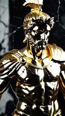 Epic Black and Gold Armored Greek God Warrior Statue with Ornate Helmet and Decorative Battle Armor for Luxury Art Displays, Mythological Branding, and High-End Fantasy Collectibles, Stoic