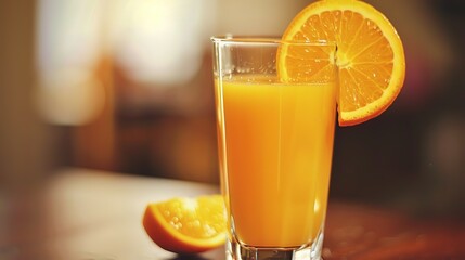 Sunshine in a Glass: Vibrant Orange Juice in Glass Visual Picture &ndash; A Clear Glass Brimming with Bright Orange Liquid, Tiny Bubbles Rising, a Thin Layer of Foam on Top, and Light Glinting Off the Surfa