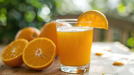 Naklejka premium Sunshine in a Glass: Vibrant Orange Juice in Glass Visual Picture – A Clear Glass Brimming with Bright Orange Liquid, Tiny Bubbles Rising, a Thin Layer of Foam on Top, and Light Glinting Off the Surfa