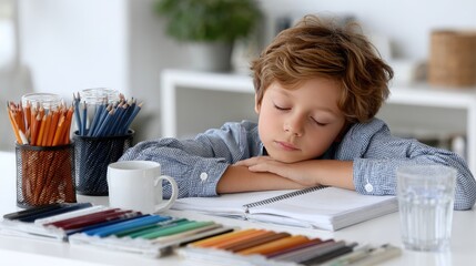 A young boy with a thoughtful expression is seated at a desk, surrounded by pencils and books while tackling homework assignments