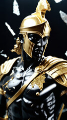 Epic Black and Gold Armored Greek God Warrior Statue with Ornate Helmet and Decorative Battle Armor for Luxury Art Displays, Mythological Branding, and High-End Fantasy Collectibles, Stoic