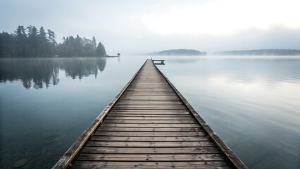 Naklejka premium Serene Lake Landscape with Wooden Pier Extending into Calm Water under a Misty Sky, Tranquil Nature Scene.