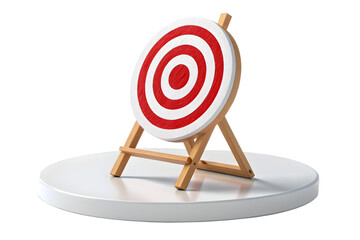 Circular target with red and white rings, displayed on a wooden easel atop a white circular platform, isolated on transparent background