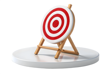 Circular target with red and white rings, displayed on a wooden easel atop a white circular platform, isolated on transparent background