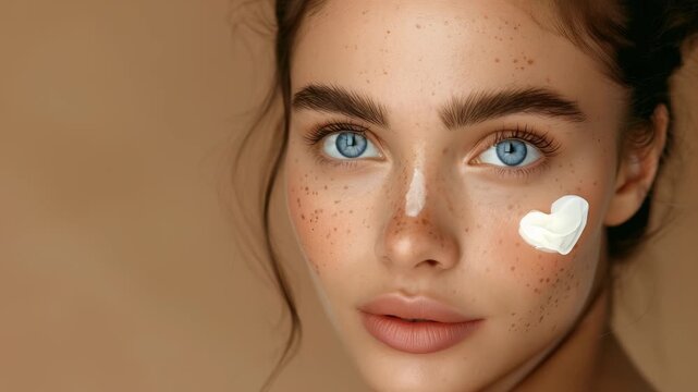 A detailed, close-up portrait features a fair-skinned woman with charming freckles and captivating blue eyes. A heart-shaped dab of cream adorns her cheek, complemented by a natural-looking facial cre