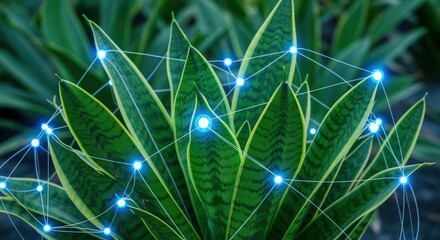 Networked Plant: Digital Connection in Nature, Symbolizing Technology, Growth, Connectivity, and Innovative Eco-Friendly Solutions