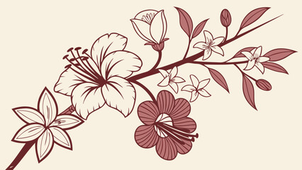 Obraz premium Vintage floral line art illustration of a blooming flower branch. Elegant botanical drawing for spring and summer designs.