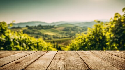 Wooden Tabletop with Vineyard Backdrop: Perfect for Product Mockups and Wine Advertising Campaigns