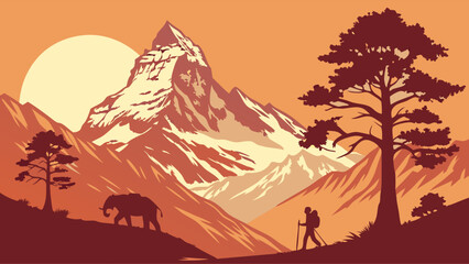 Golden sunset mountain landscape with a hiker and elephant. Nature adventure travel, wildlife, and outdoor exploration.