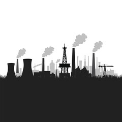 Obraz premium Industrial factory silhouette with smoke stacks and oil rig