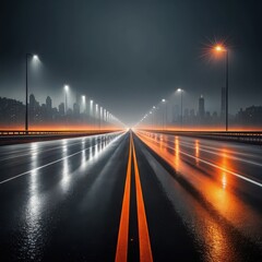 Fototapeta premium Rainy night highway with glowing streetlights and reflections