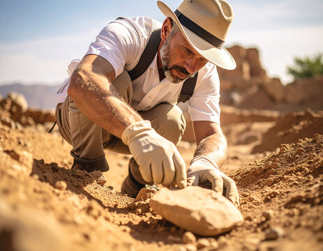 Un hombre arque&oacute;logo trabajando en una excavaci&oacute;n arqueol&oacute;gica descubriendo con cuidado una pieza antigua en el desierto