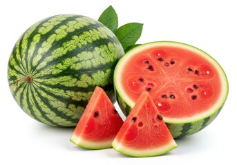 Whole ripe watermelon with vibrant green rind and sliced pieces fruit
