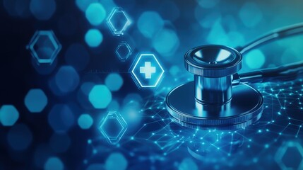 Closeup of a stethoscope on a digital circuit board with glowing blue hexagonal medical symbols, representing healthcare technology and innovation