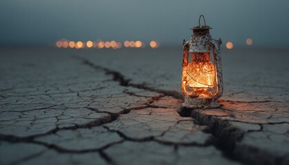 Glowing lantern on cracked dry earth, metaphor for hope in crises, World Humanitarian Day