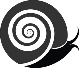 Stylized dark silhouette of a snail with a prominent spiral shell isolated on white background silhouette