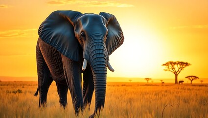 Obraz premium An elephant stands majestically in a golden field at sunset with trees in the distance and a bright sky