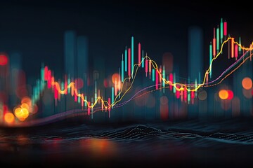 Financial data chart overlayed on a cityscape at night. Colorful stock market indicators and graphs, blurred city lights behind