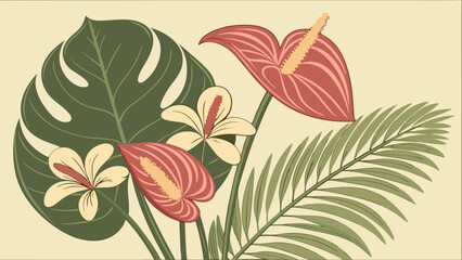 Vibrant tropical leaves and exotic flowers. Green jungle plants and botanical garden elements for summer nature illustration background.