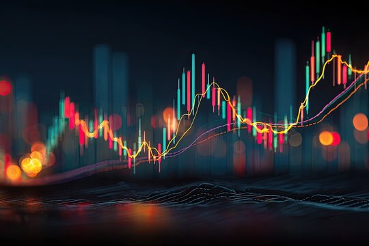 Financial data chart overlayed on a cityscape at night.  Colorful stock market indicators and graphs,  blurred city lights behind