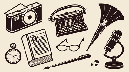 Vintage retro objects collection of old creative tools for art writing music photography journalism history education communication media