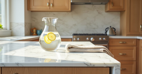 Focusing on a polished white quartz countertop with a gently chamfered edge. A tall, clear borosilicate glass carafe sits slightly off-center, filled with filtered water and two slices of Meyer lemon.