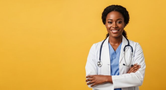 Confident African American female doctor in a white coat with a stethoscope, smiling cheerfully with arms crossed against a yellow background.