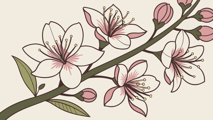 Pink and white cherry blossom branch. Beautiful sakura flowers blooming in spring. Delicate floral nature background illustration.