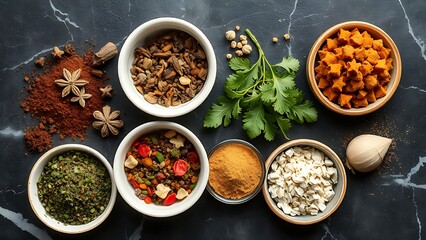 An artistic arrangement of dried herbs and spices in small bowls on a dark marble surface.